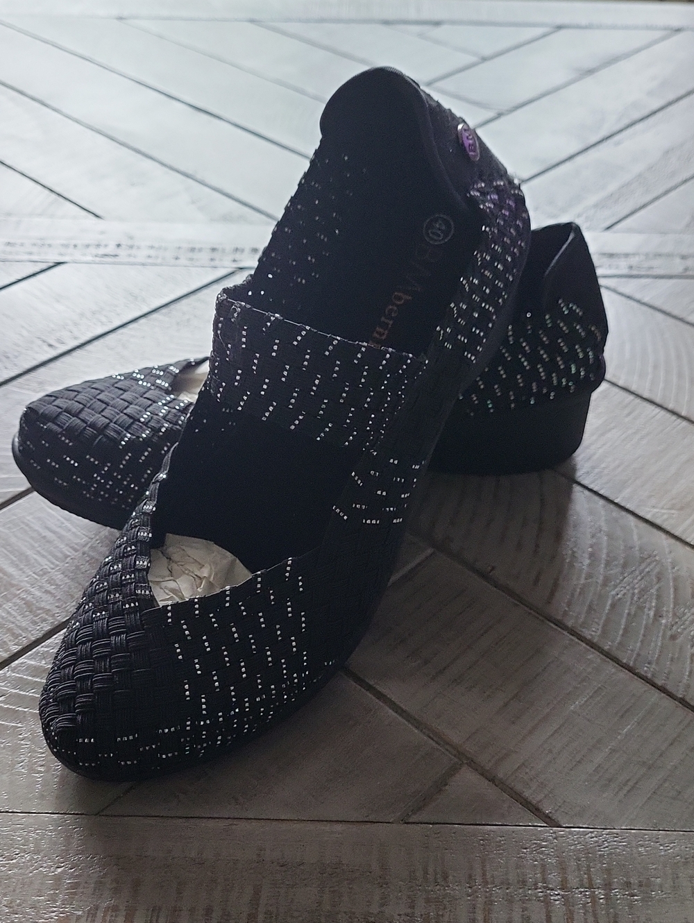 bernie mev. Black Woven Slip-On Flats with Silver Accents